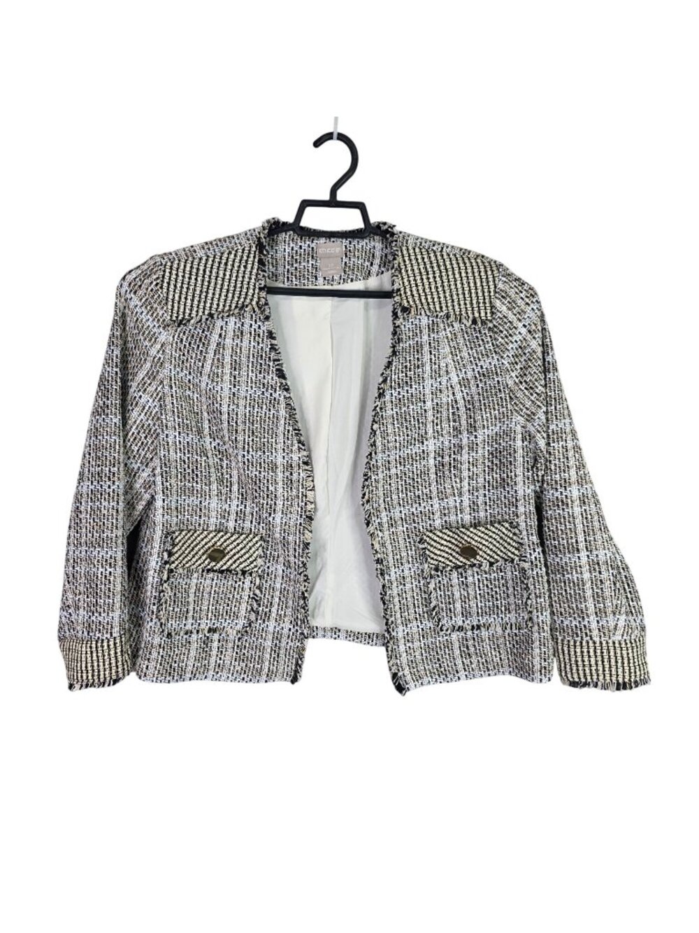Womens Chicos Black & White Tweed Open Front Blazer Jacket Cotton Blend Size 2P